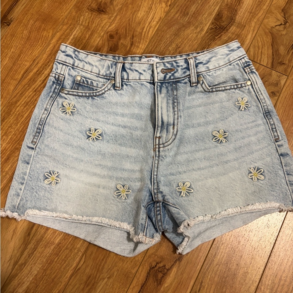 Light Blue Denim Shorts with Floral Embroidery